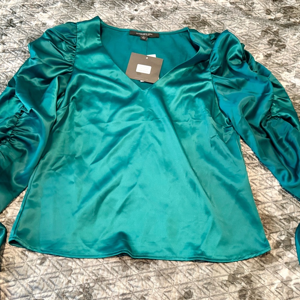 Elegant Teal Satin Blouse with rouche detail on the sleeves
